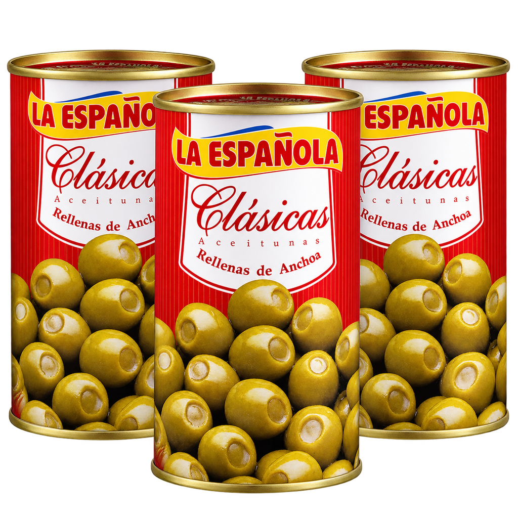 La Española Clásicas Green Olives Stuffed with Anchovies – 350 g, Pack of 3